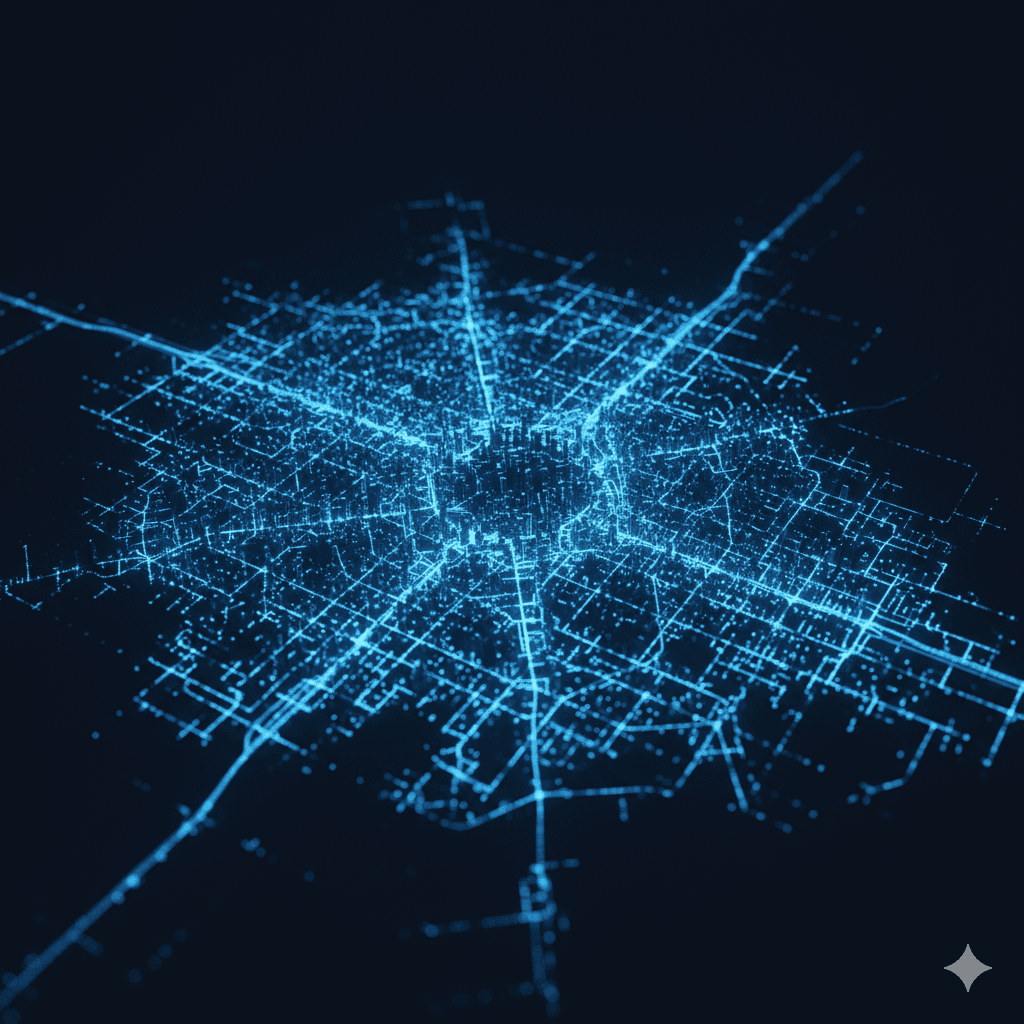 Digital blue city grid map showing a central business hub at the Delhi-Gurgaon border