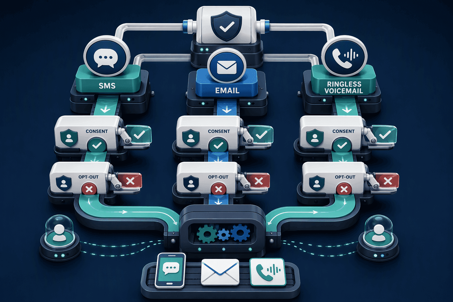 Illustration for Step 3: Build a Compliant Omnichannel Outreach Machine (SMS, Email, RVM)