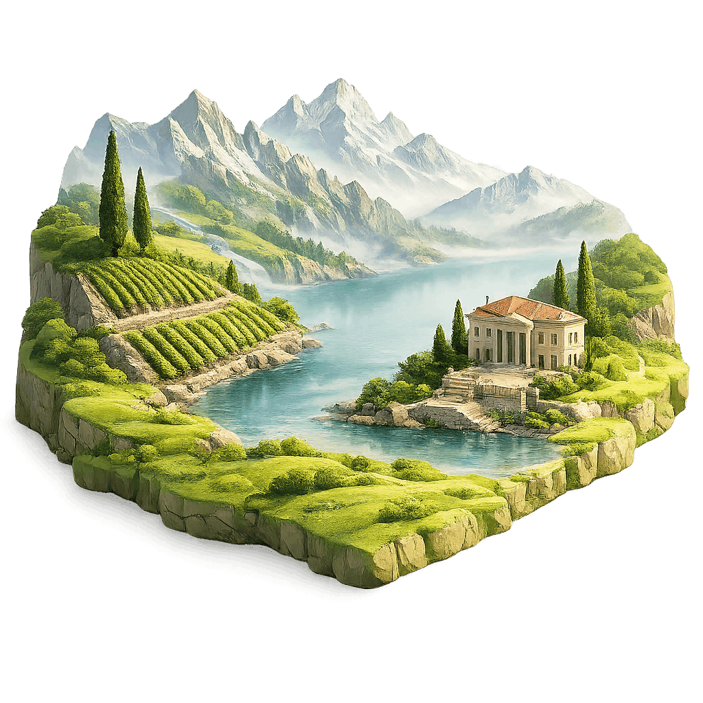 Artistic illustration of the Lombardy wine region.