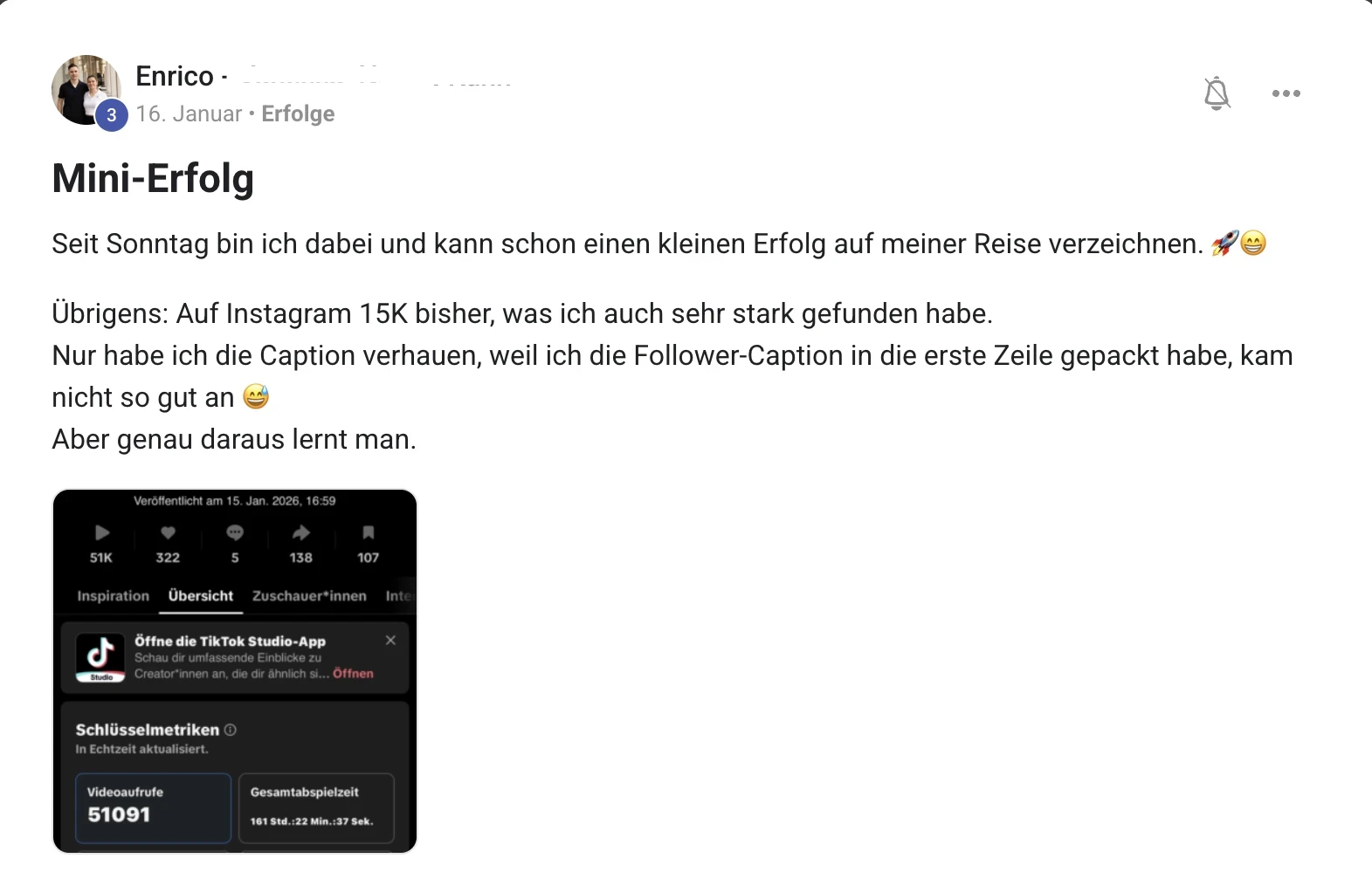 Erfahrungsbericht KI Creator Akademie: Enrico erzielt kurz nach dem Start 51.000 TikTok-Aufrufe