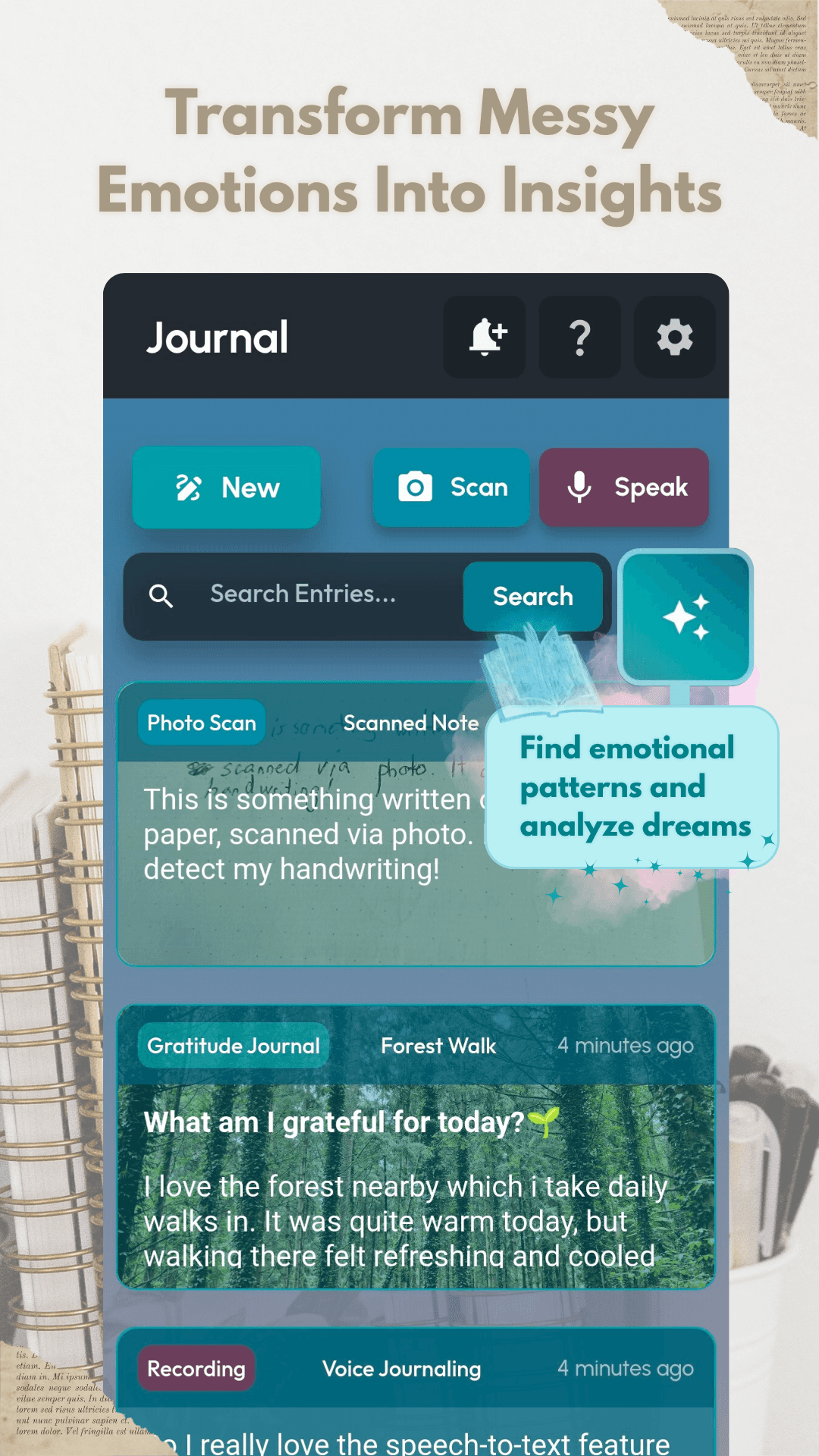 Eiren AI journal app showing write, scan and speak entry options with AI emotional pattern analysis and handwriting recognition feature