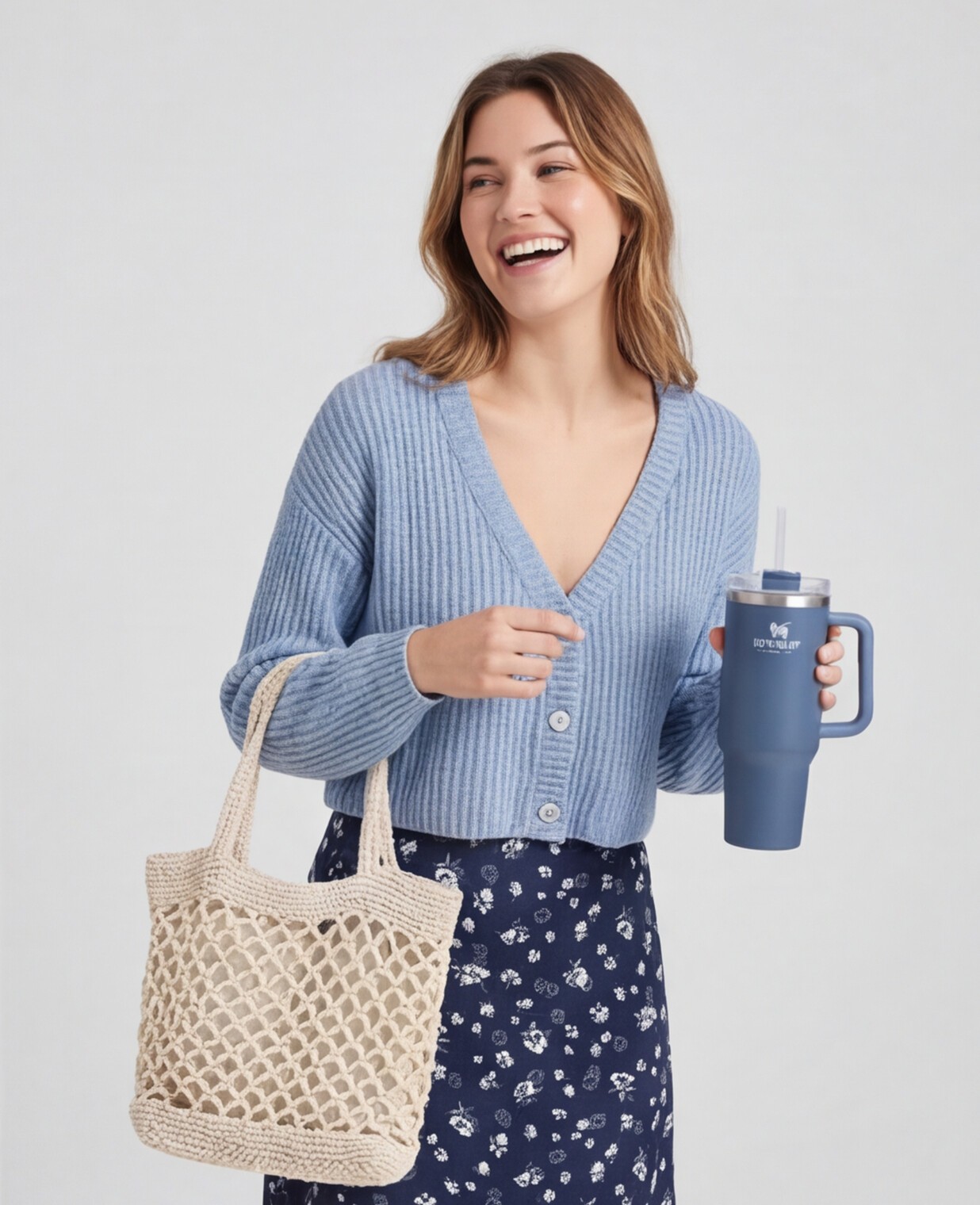 Light Blue Ribbed Cardigan with Navy Floral Midi Skirt