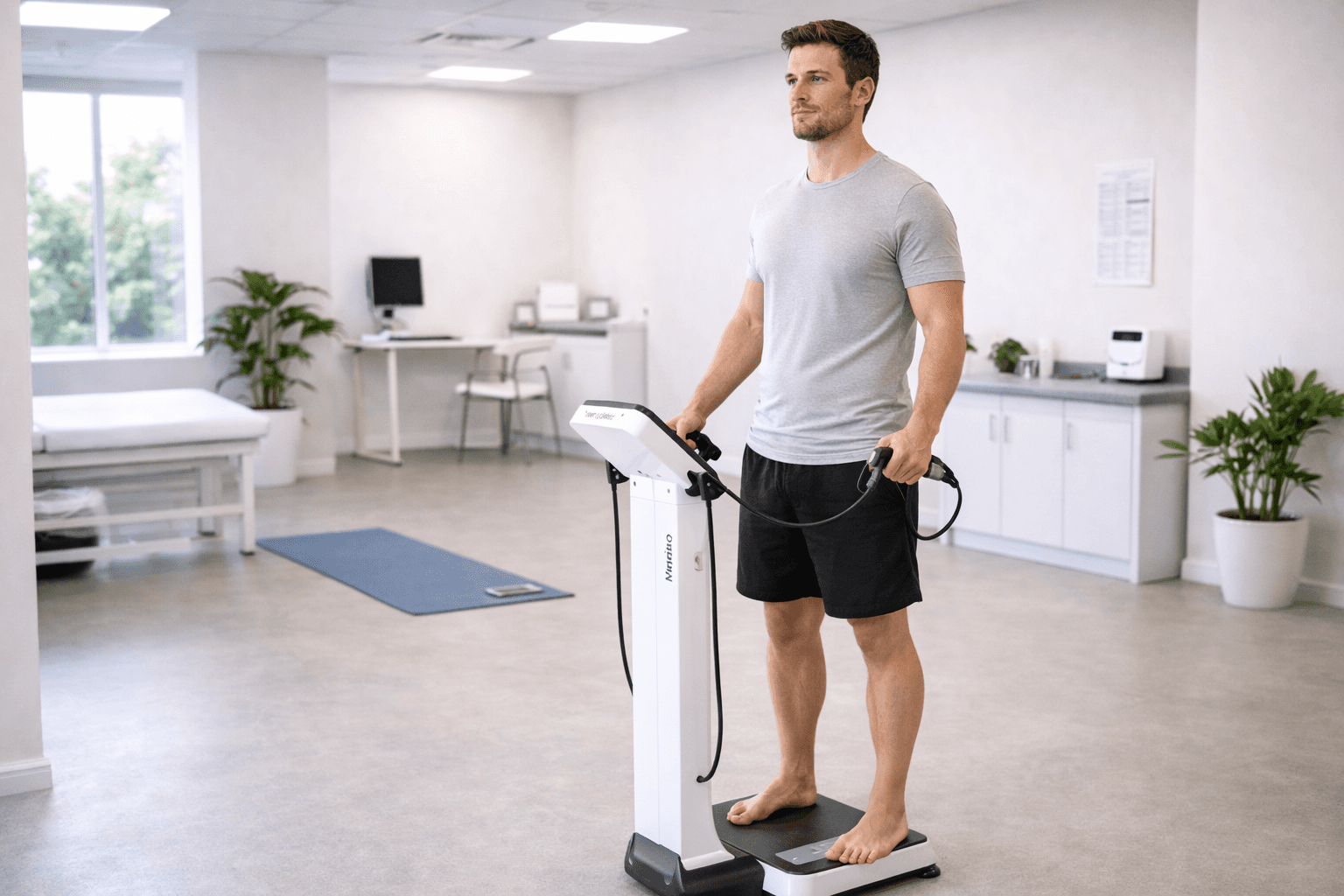 Man standing on an InBody body composition analyzer to measure skeletal muscle mass and body fat percentage.