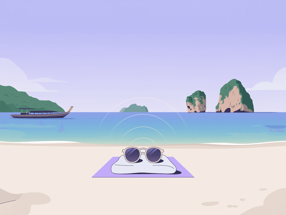 A Thai beach with a longtail boat and limestone islands, signal arcs rising from a beach towel