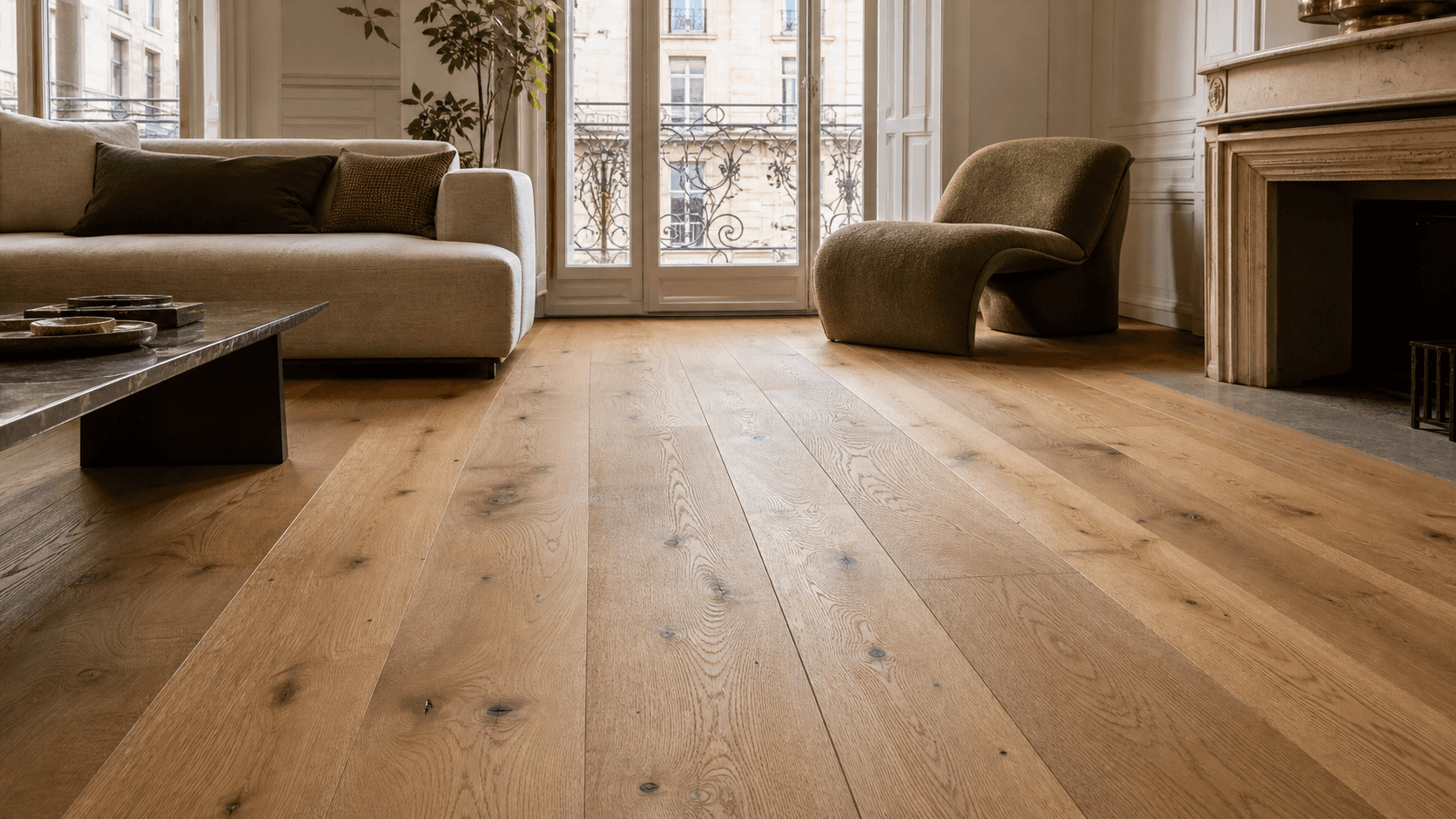 Parquet en chêne avec nœuds visibles dans un appartement bordelais contemporain