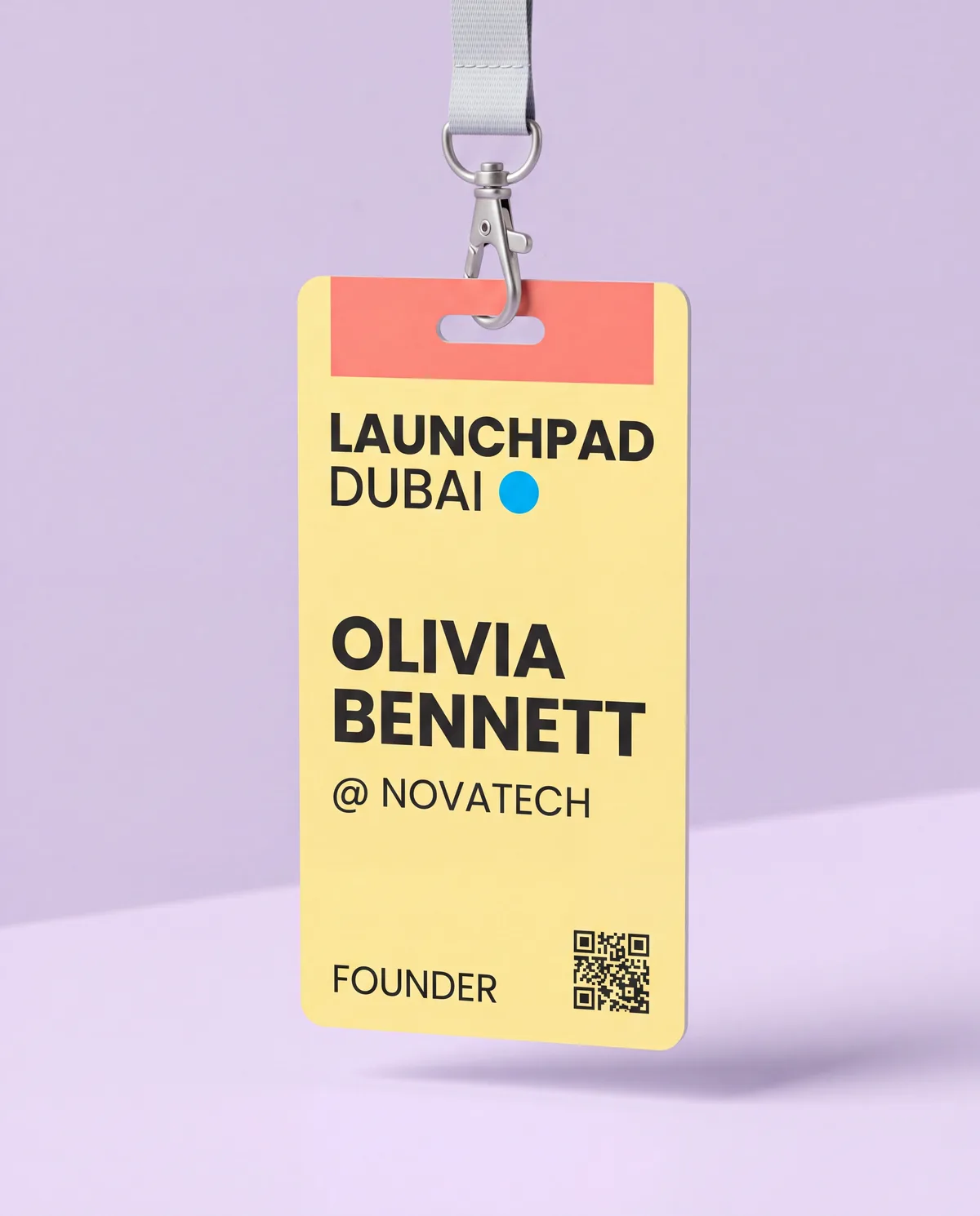 Startup event badge with name, company and QR code