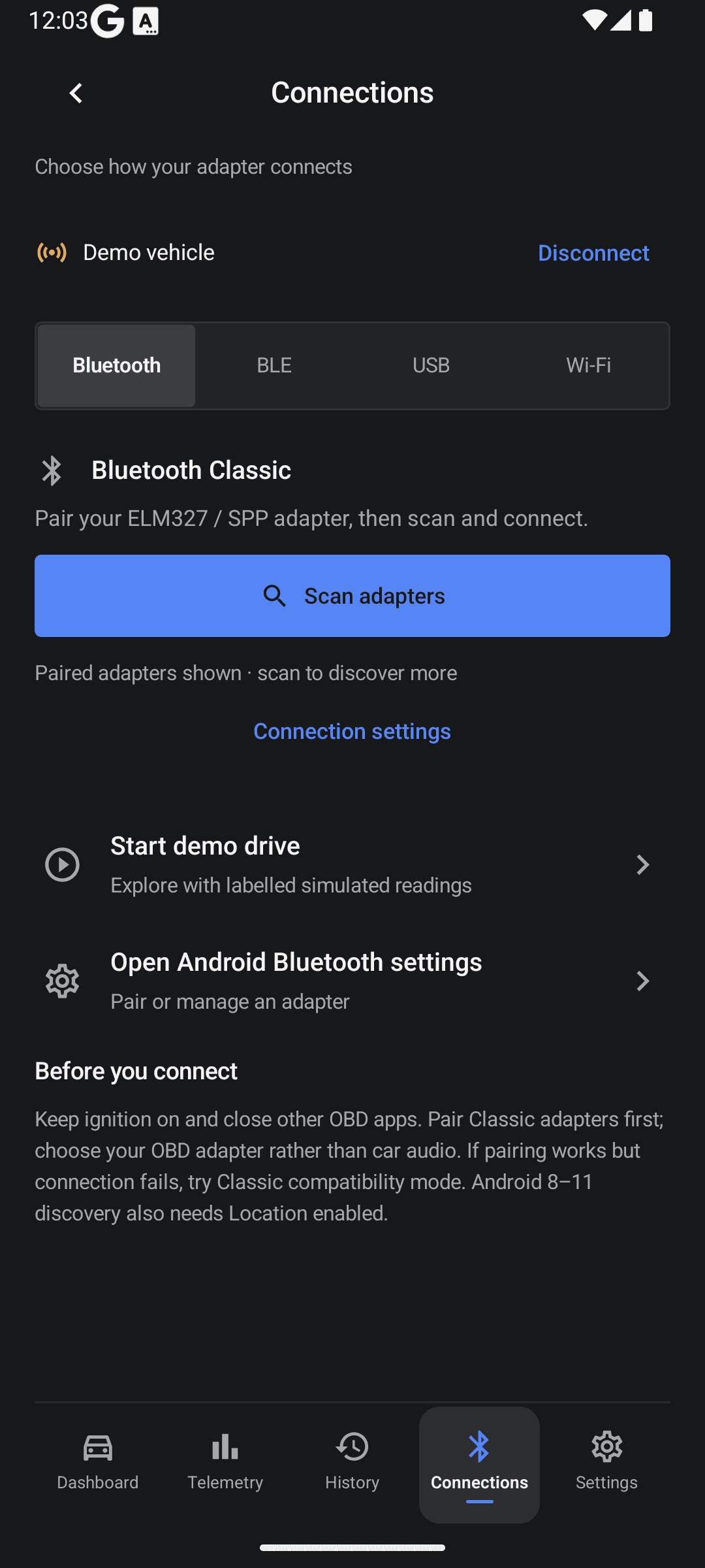 Carma connection screen with Bluetooth, BLE, USB and Wi-Fi choices and an explicitly labelled demo vehicle