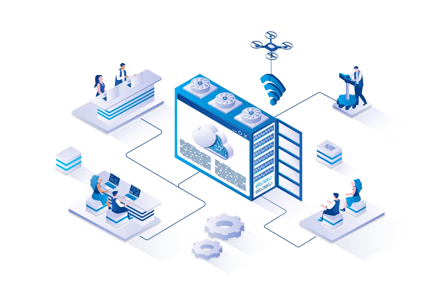 Computer illustration: cloud computing, servers, data and wireless connection.