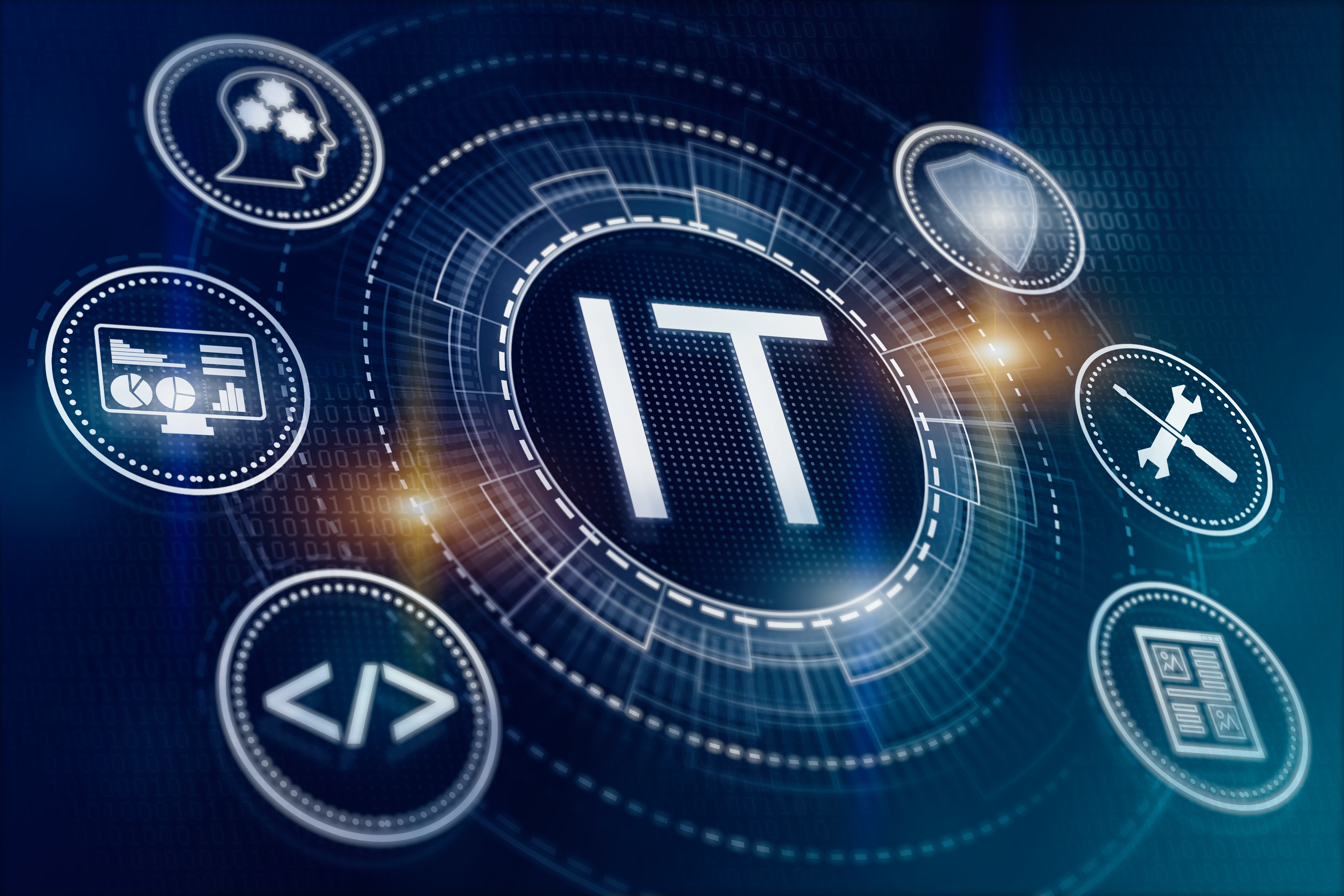 IT network diagram showing cybersecurity icons including shield, code, and analytics in industrial environment