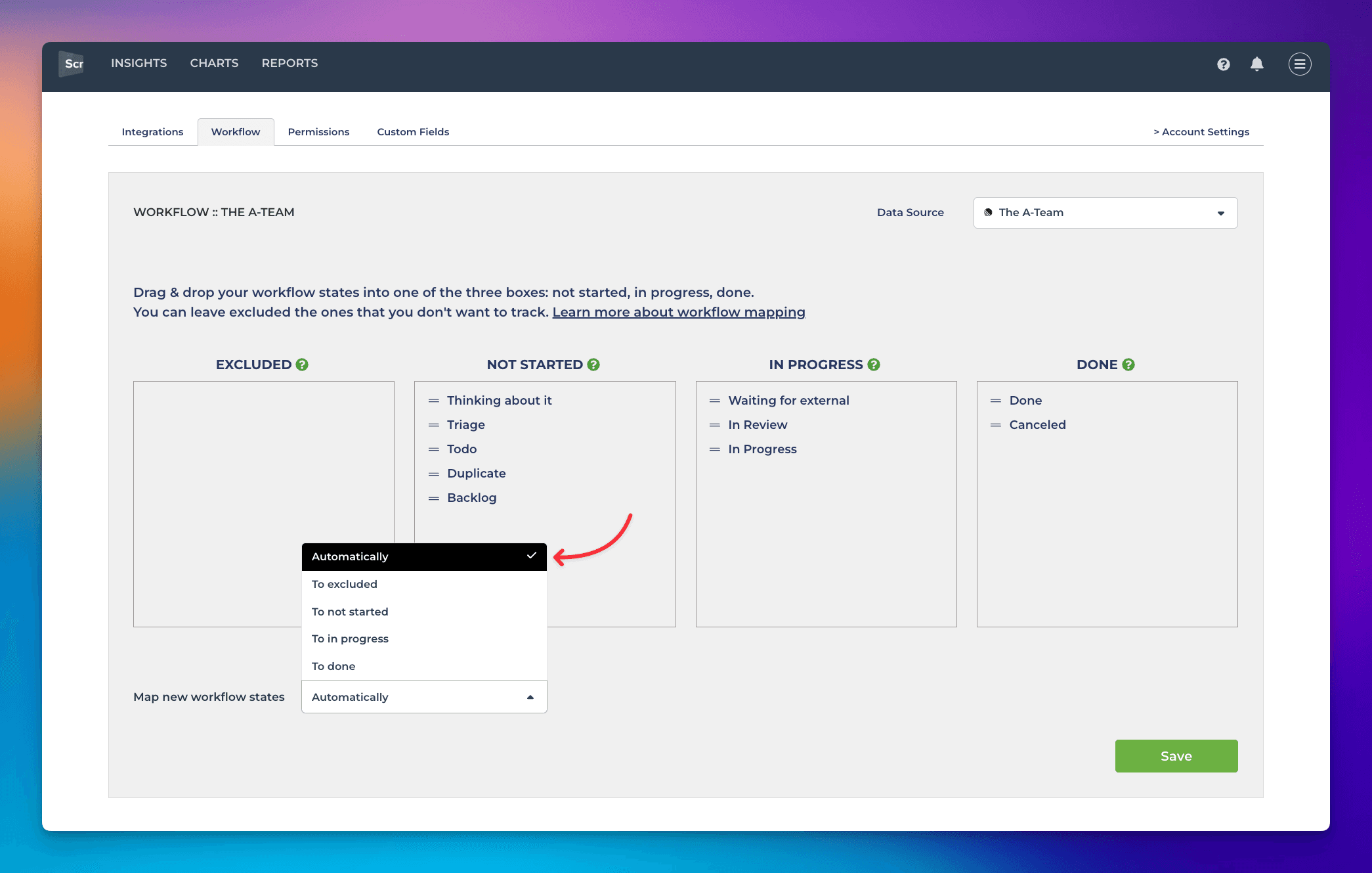 Select from map new workflow states dropdown