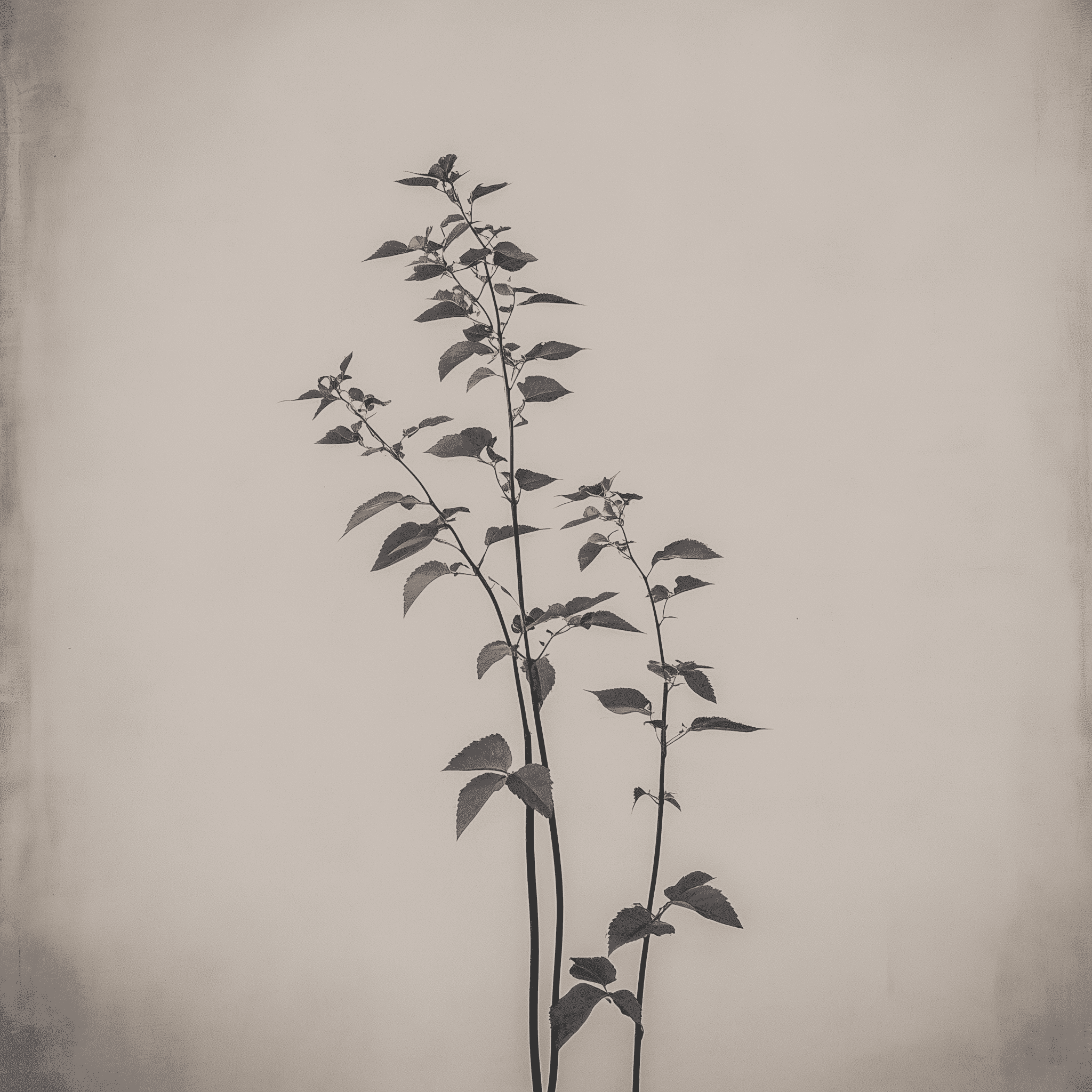 A minimalist black-and-white photograph featuring two slender plant stems with delicate leaves, positioned against a soft, neutral background. The stems rise vertically, showcasing an elegant simplicity and creating a sense of calm and tranquility. The overall composition emphasizes the natural beauty of the plants, with gentle contrasts and subtle textures.