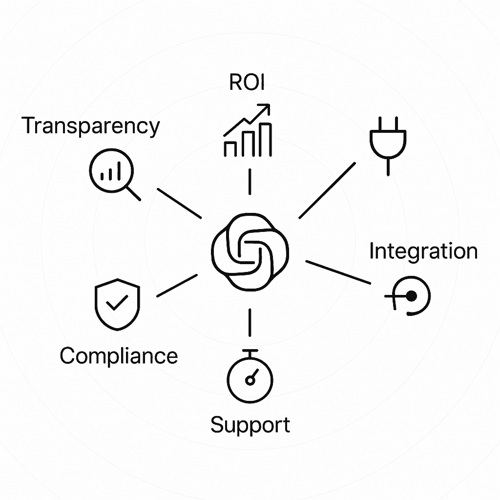 Flowchart depicting six key factors in choosing an AEO platform