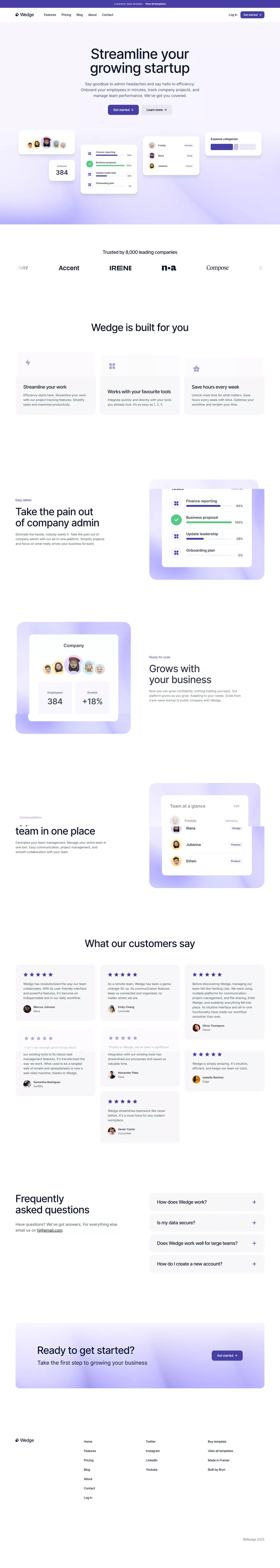 Wedge - SaaS Template for Framer landing page screenshot showcasing AI and Tech design