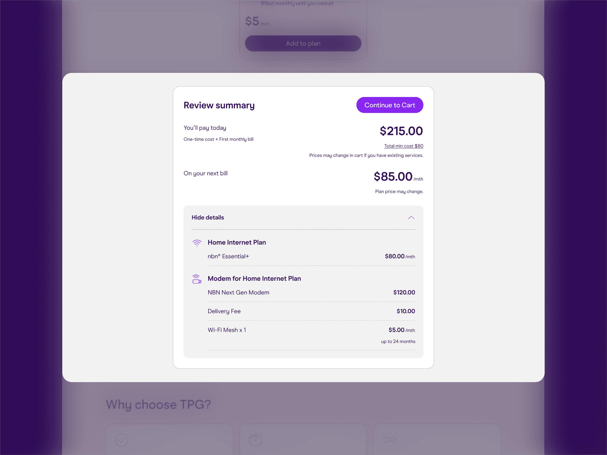 Screenshot of mini-cart with complete payment breakdown