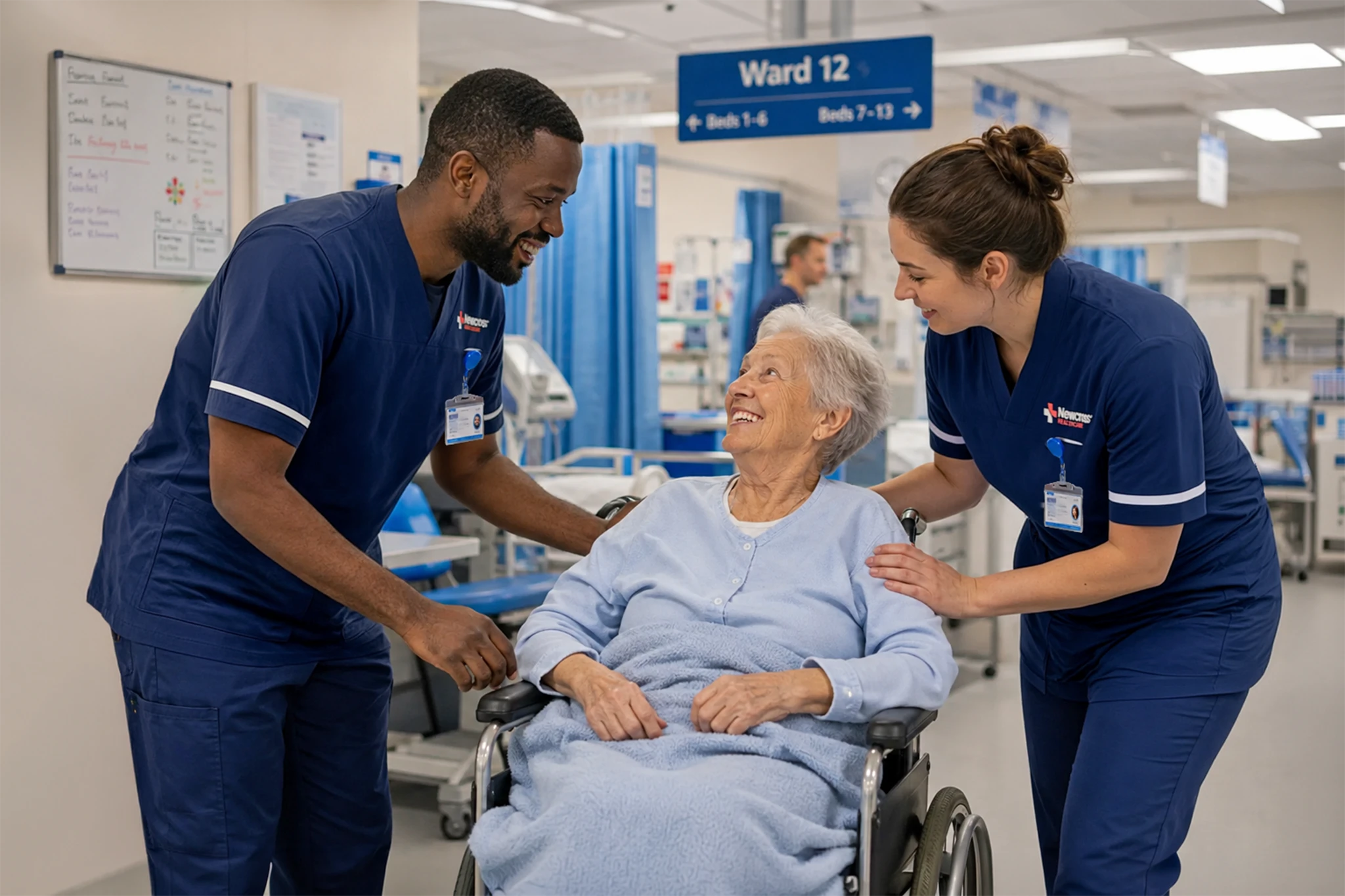 Two nurses warmly support an elderly woman in a wheelchair on a hospital ward, sharing a reassuring smile.