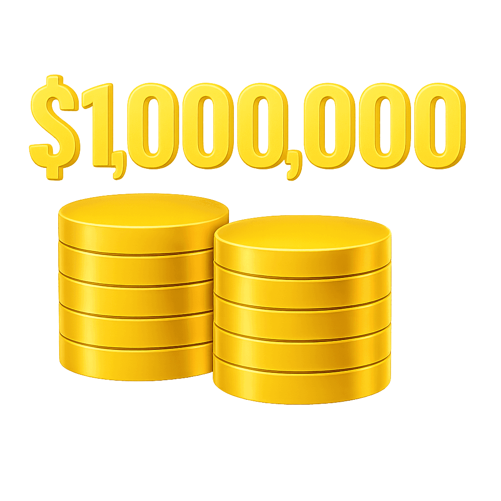 3D blue illustration with the text $1,000,000 above stacked coins and a clock icon