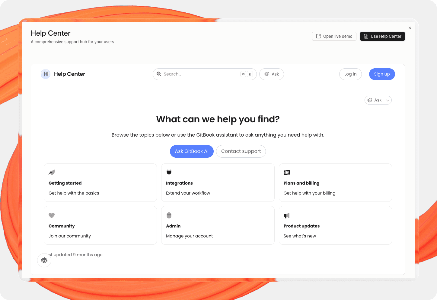 A screenshot showing Help Center template in GitBook