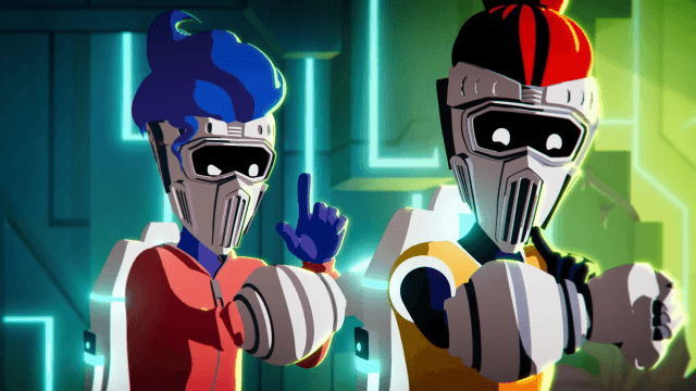 Animated sci-fi characters in helmets signaling teamwork inside a glowing digital environment