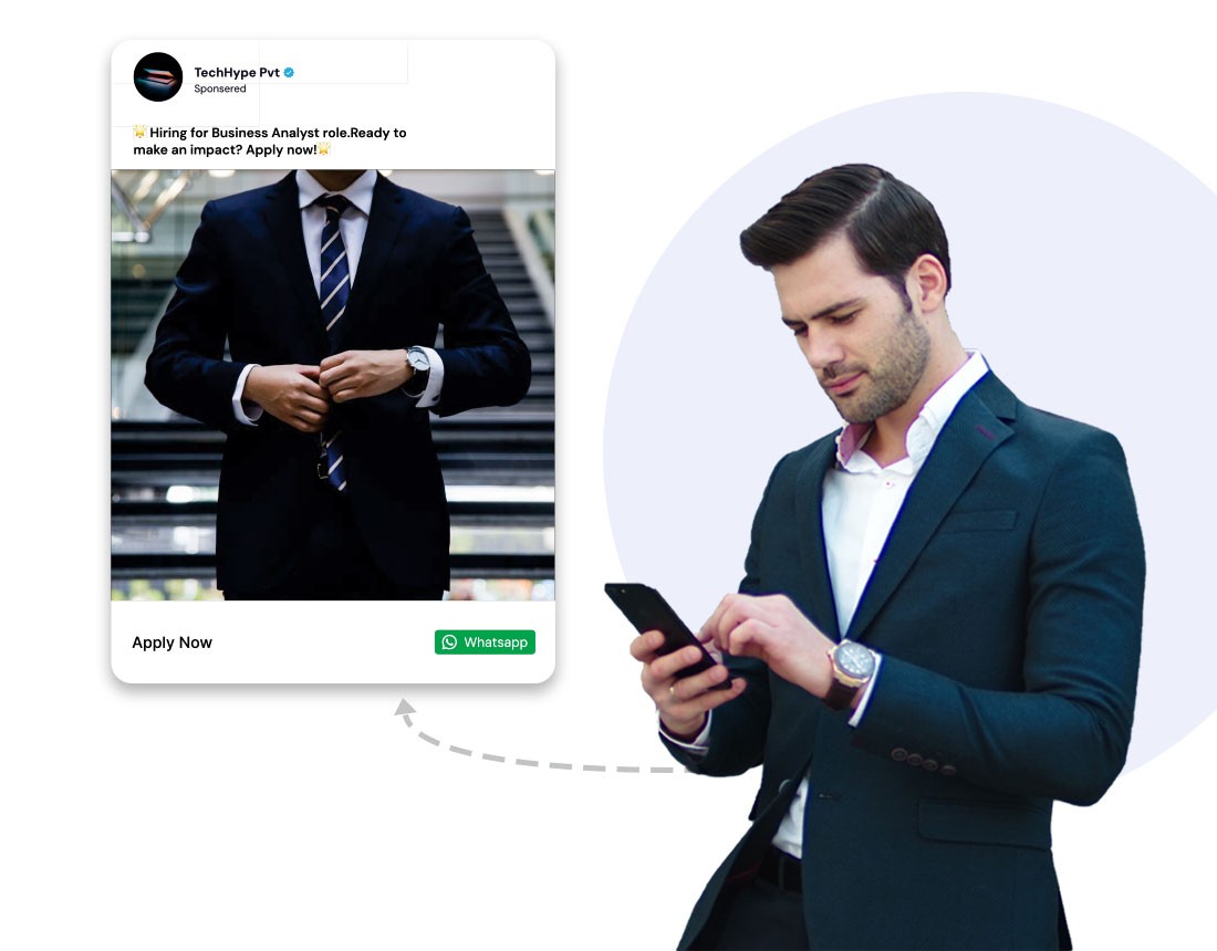 "Professional man in dark suit checking smartphone with sponsored job advertisement for Business Analyst position at TechHype Pvt featuring Wapiio's WhatsApp application button