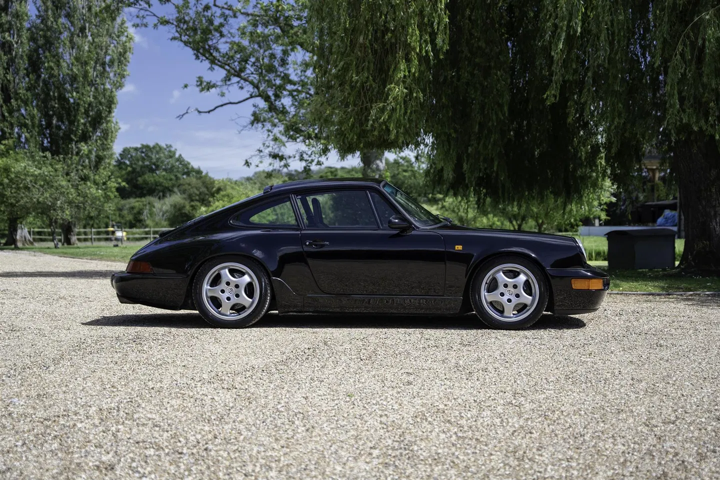 Full side profile of the 964 RS Lightweight beneath a willow tree