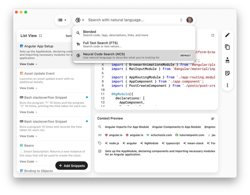 Toggling search modes in the Pieces desktop app.