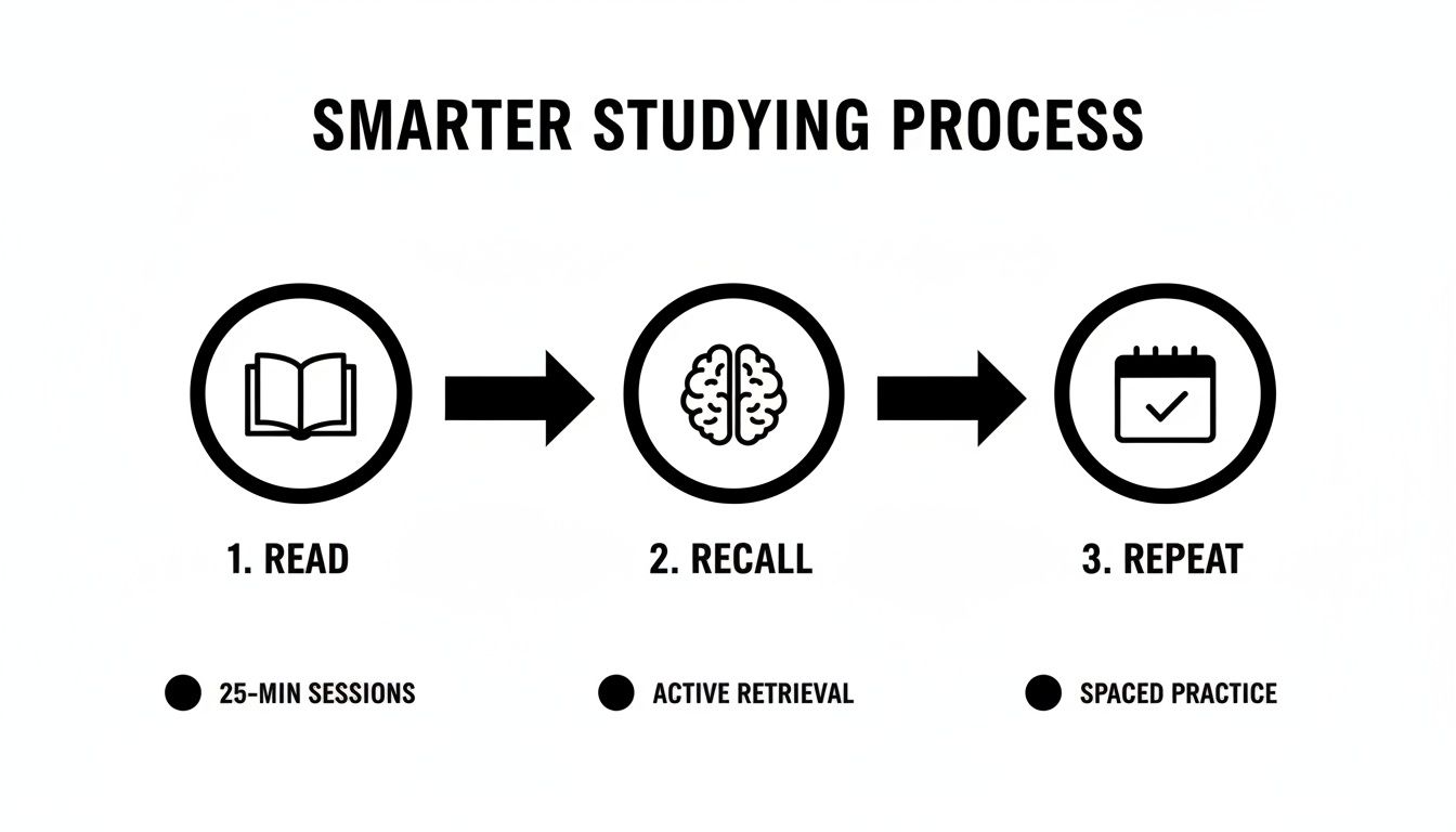 Infographic showing a smarter studying process: Read, Recall, Repeat, incorporating 25-min sessions, active retrieval, and spaced practice.