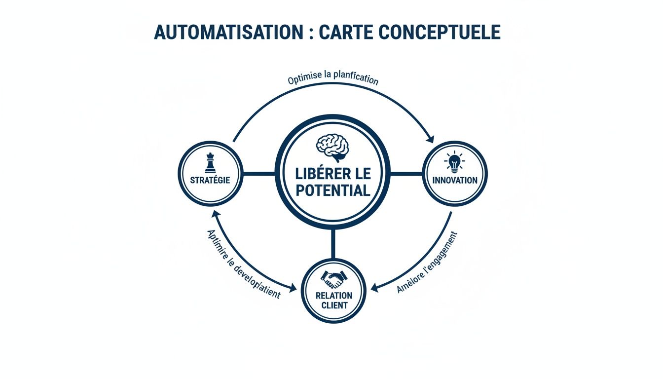 Carte conceptuelle de l'automatisation montrant comment libérer le potentiel à travers la stratégie, l'innovation et la relation client.
