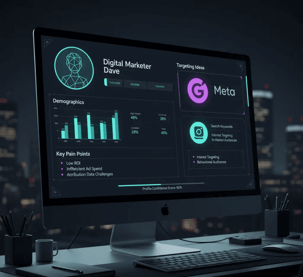 Illustration of a customer persona builder dashboard. A free strategic AI marketing tool by Mahendra, digital marketing specialist.