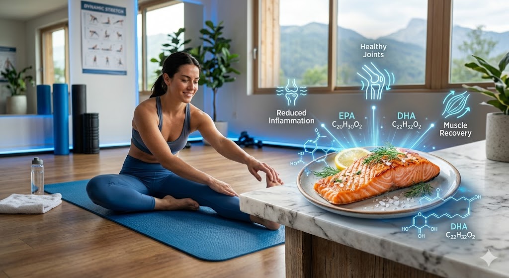 A woman stretches in a wellness center alongside an infographic showing a wild salmon fillet and floating icons for its health benefits: Reduced Inflammation, Healthy Joints, EPA/DHA molecular structures, and Muscle Recovery.