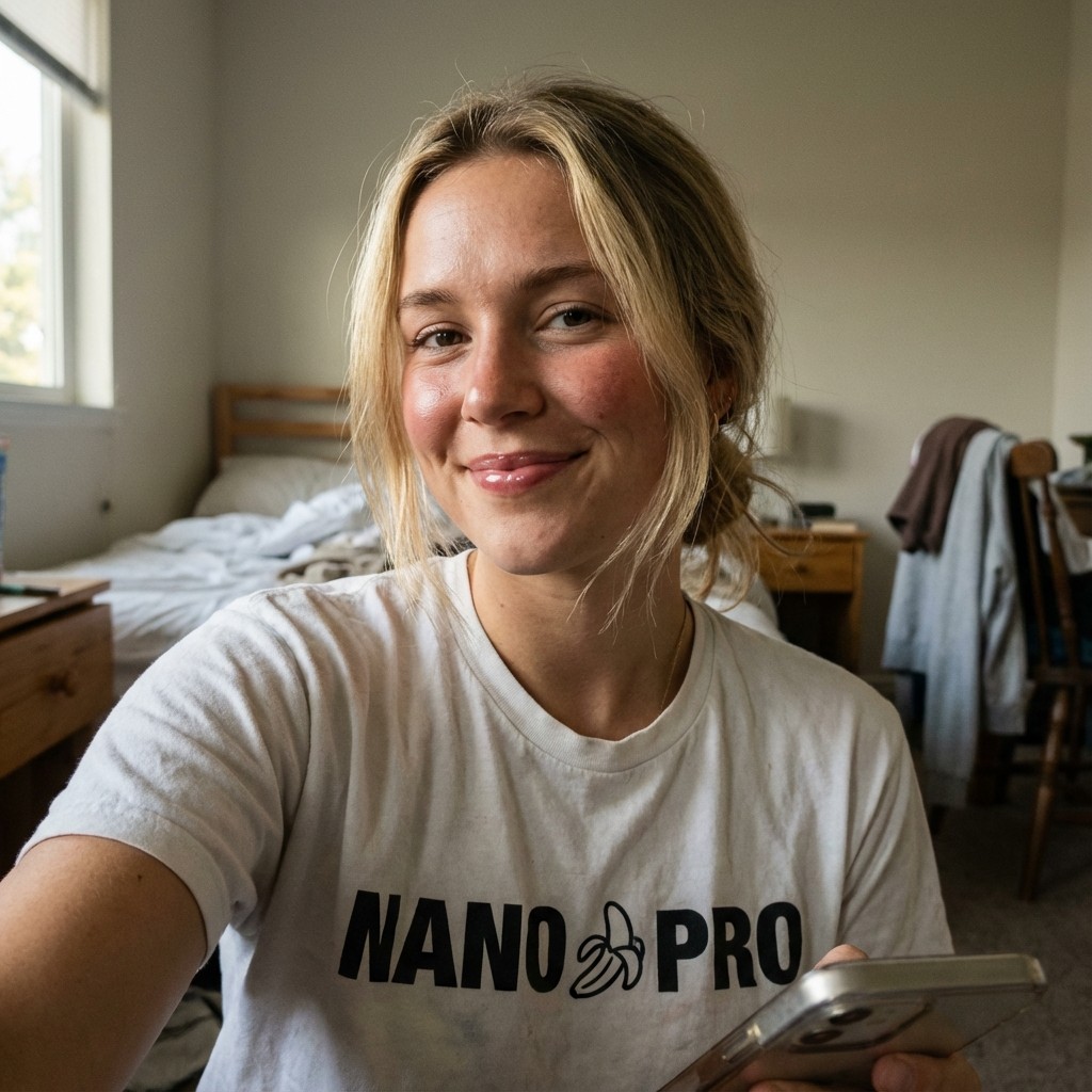AI Image Generator Result by Nano Banana PRO to test and compare AI image generators. The image shows a smiling blonde woman wearing a white “Nano Banana” T-shirt under natural sunlight, demonstrating the model’s strength in producing highly realistic facial details, natural skin texture, and accurate lighting for portrait-grade AI photography.