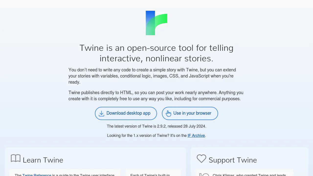 Screenshot of the Twine website showcasing interactive story creation tools