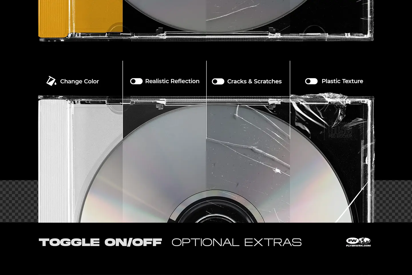 Classic CD jewel case mockup with reflection overlays cracks and plastic textures