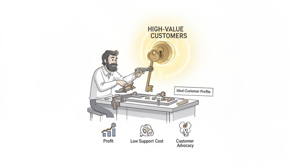 A craftsman refines a key, representing developing an ideal customer profile for high-value customers.