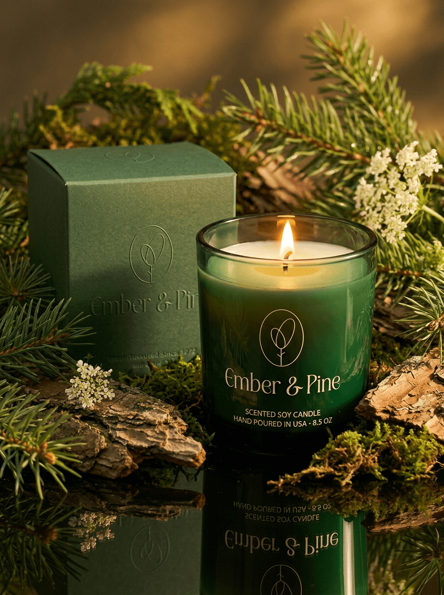 Ember & Pine lit green glass soy candle with matching green gift box, styled on bark with pine branches and white wildflowers — handmade candle brand identity and packaging design by Visual Mess Studio
