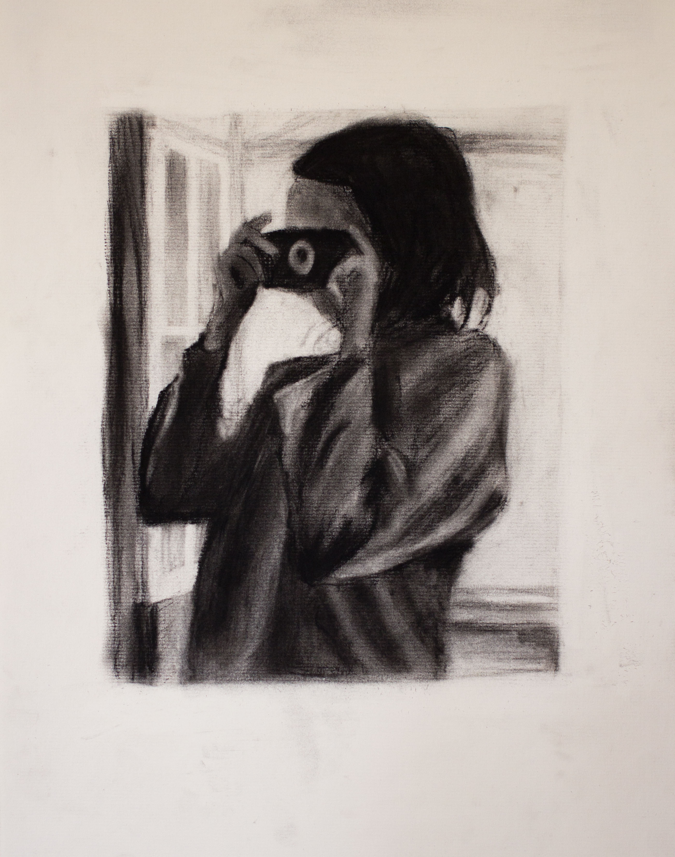 Meg and meg and many cameras (2), 2018, charcoal on paper, 14x11"