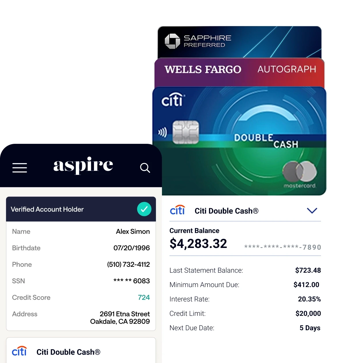 Aspire app showing a verified account holder’s profile details and credit score of 724, alongside stacked credit cards and a Citi Double Cash account with current balance, minimum due, interest rate, credit limit, and next due date