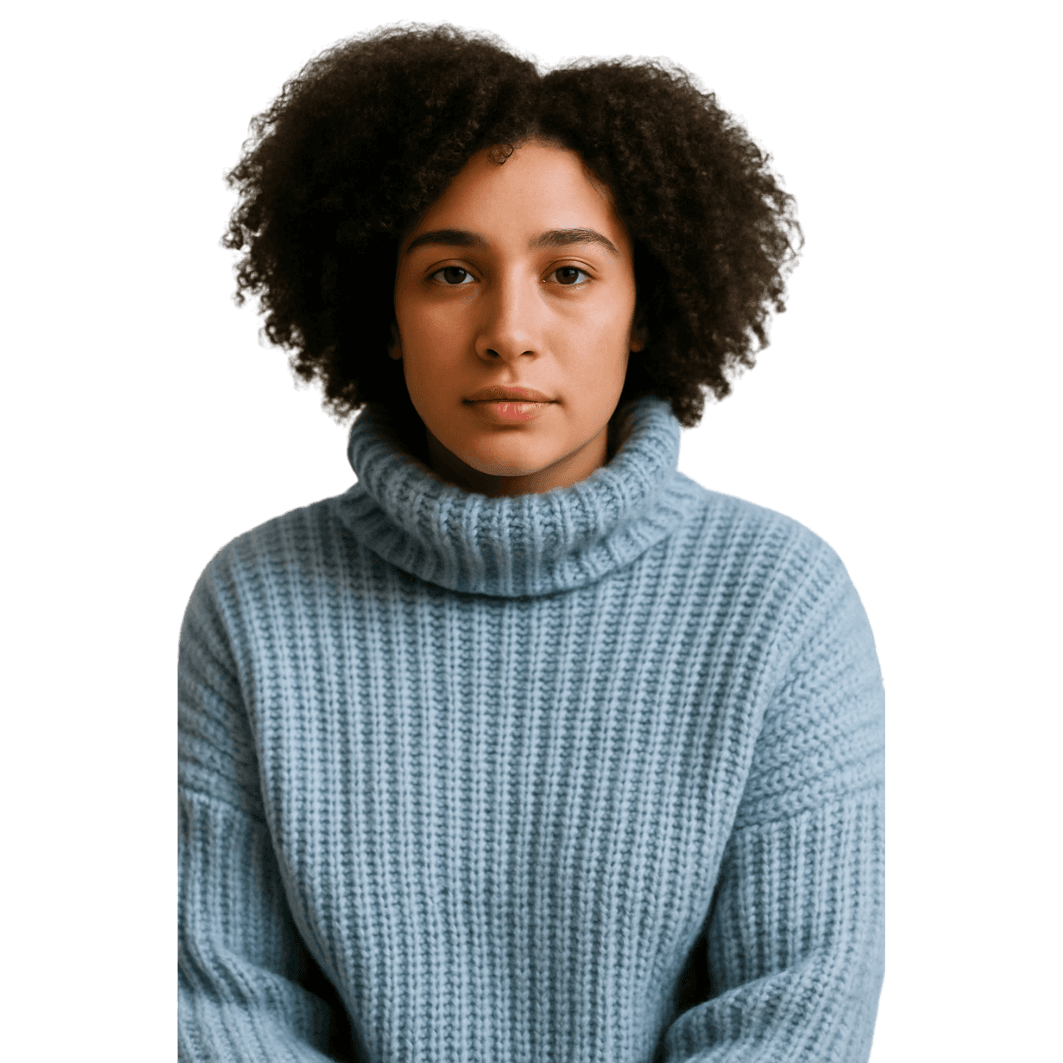 Smiling female therapist with short gray hair, wearing a brown top and a purple shawl, surrounded by a cozy background.