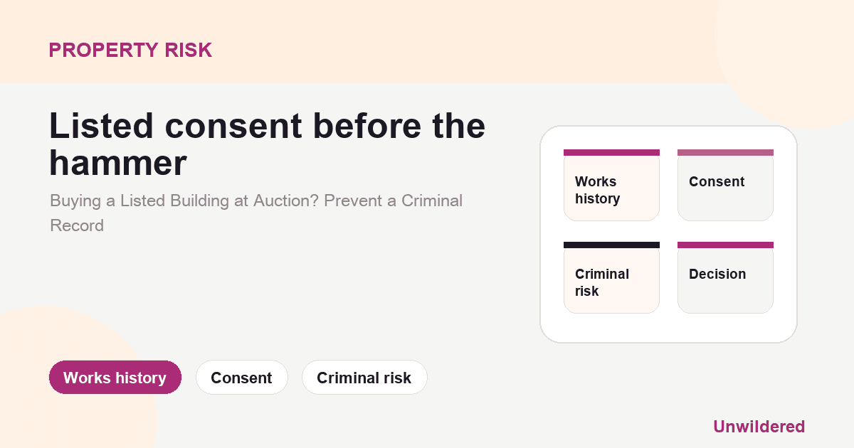 Explainer card for Buying a Listed Building at Auction? Prevent a Criminal Record: Works history, Consent, Criminal risk.