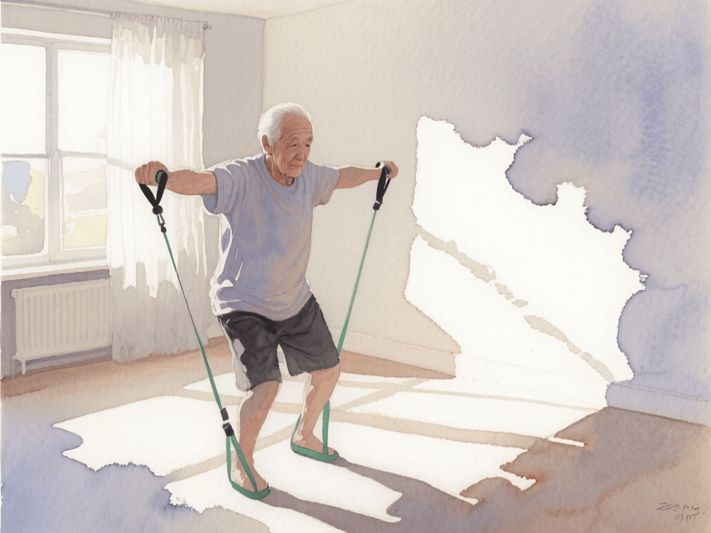 An elderly man is exercising at home using resistance bands.