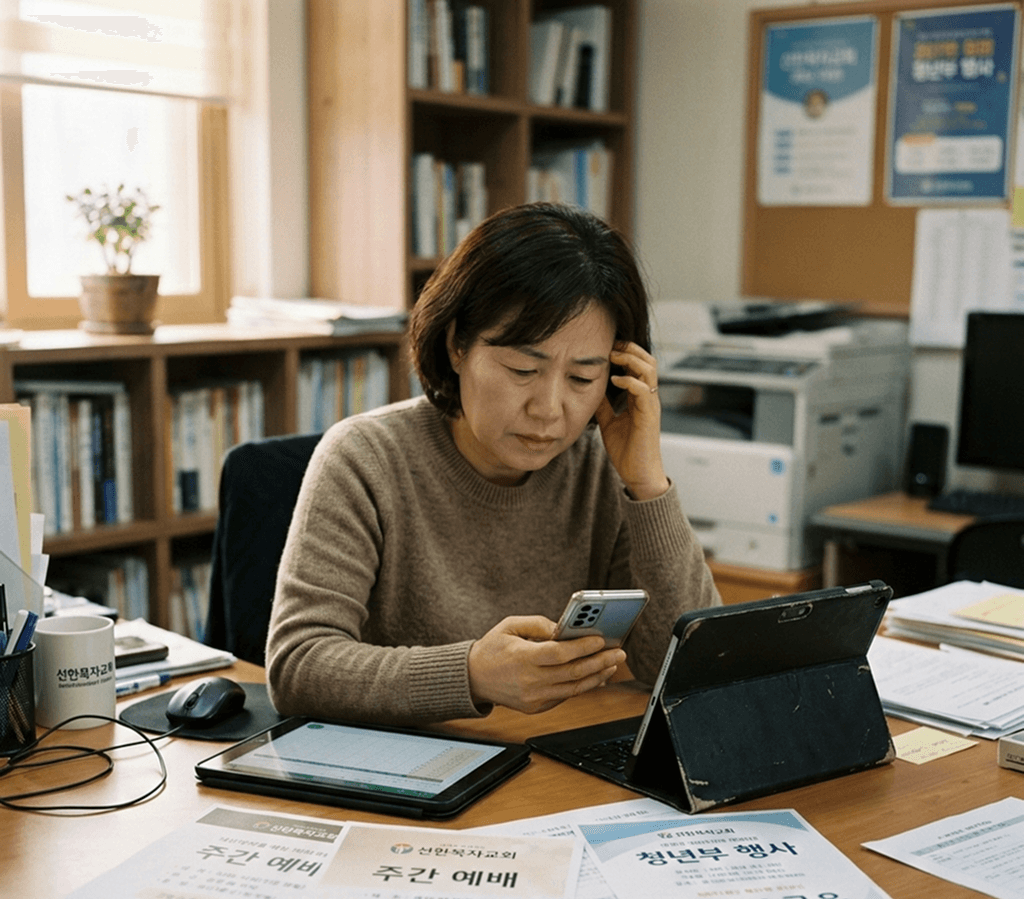 혼란스러운 카카오톡 소통으로 인한 교회 업무 피로도 상황