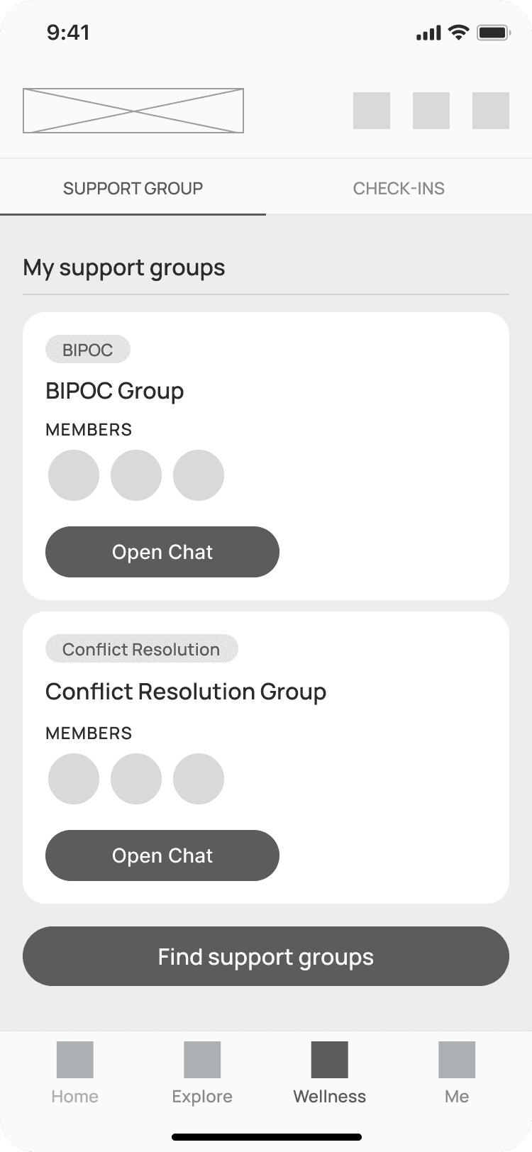 Mid-fidelity wireframe of the Support Group page