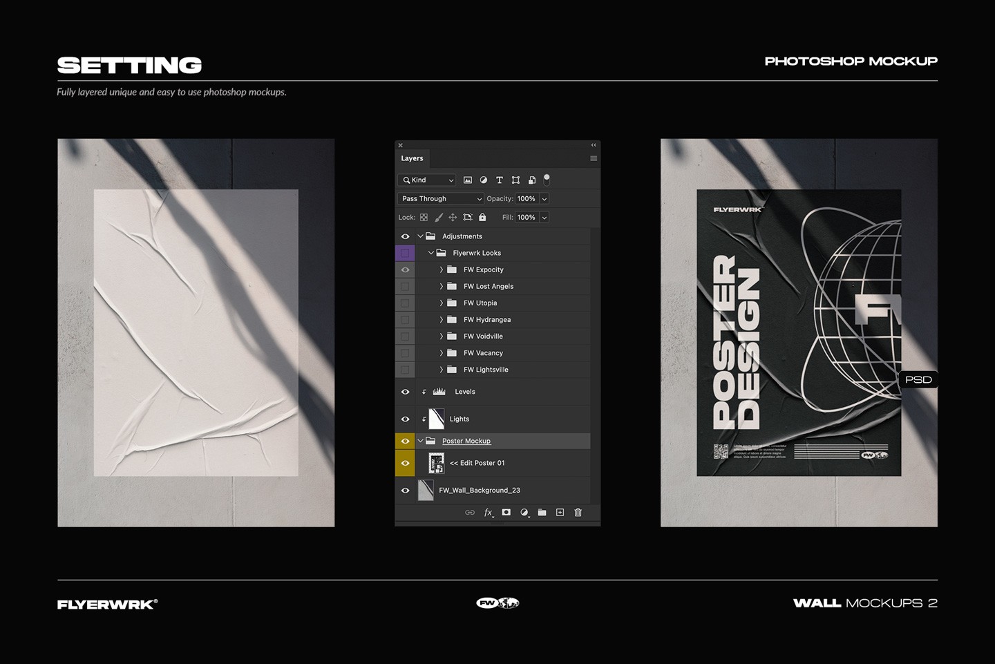 Urban poster wall mockup smart object editing interface shown inside Photoshop layers