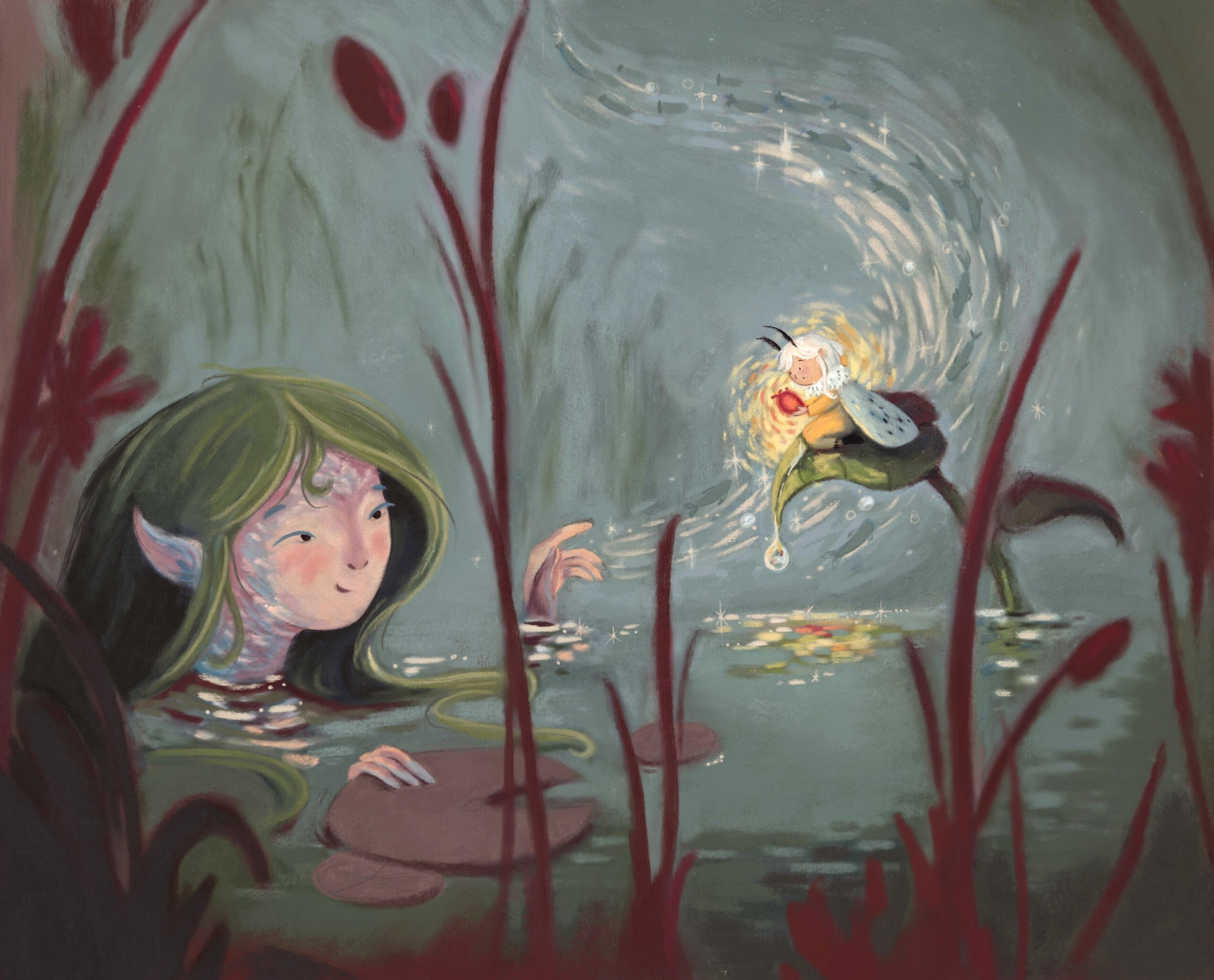 A moth fairy receiving a glowing magical heart from a water goddess in a lake at night.