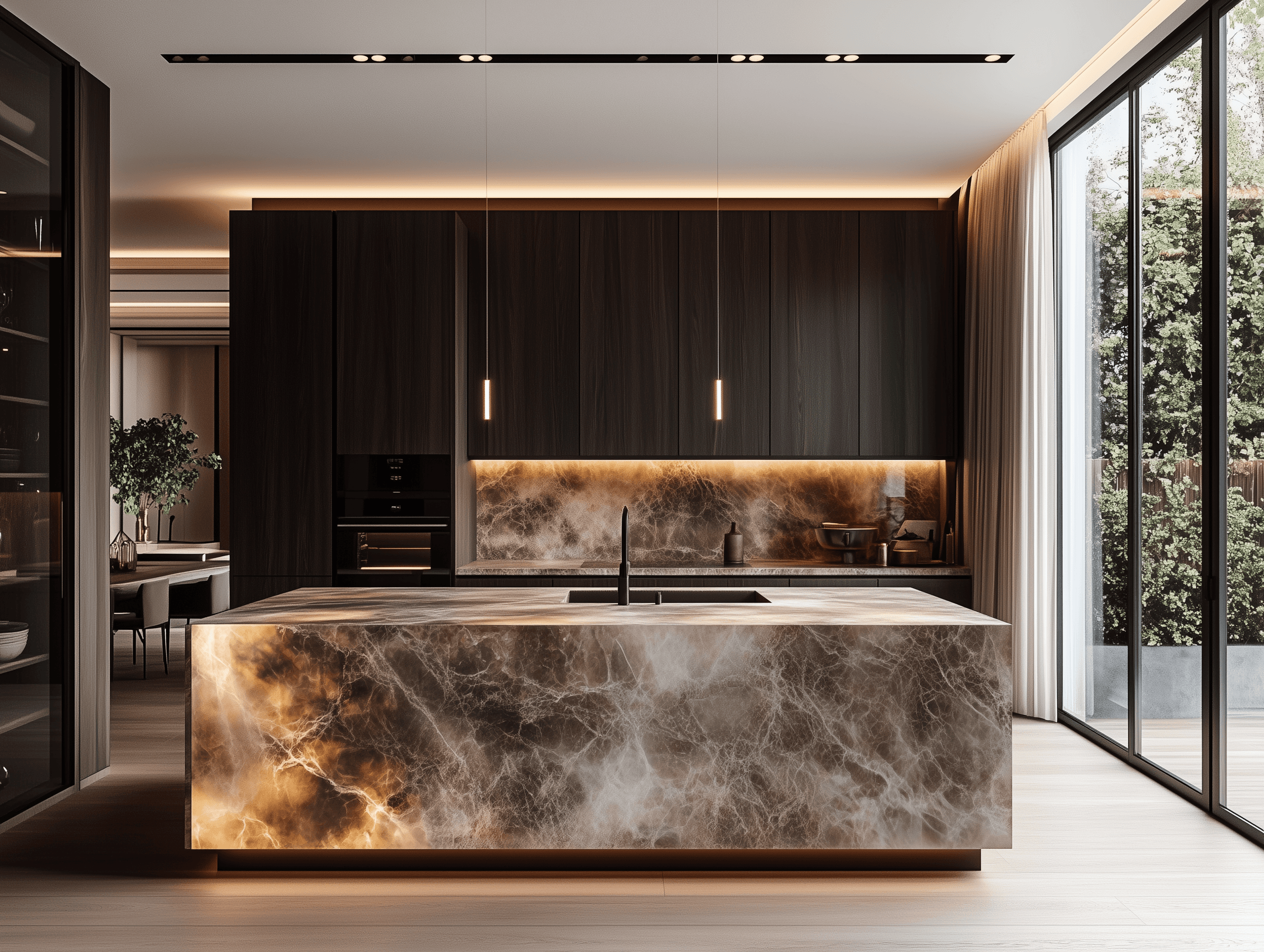 Luxury kitchen seen through a dark archway, featuring a white marble waterfall island, dark oak cabinetry, and brass fixtures bathed in natural light