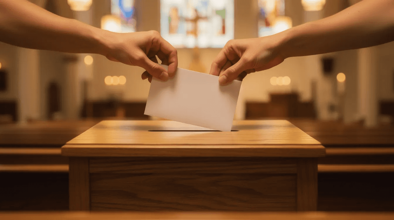 The image depicts a pair of hands, one left and one right, gently placing an unmarked envelope into a wooden donation box inside a warmly lit church, symbolizing the act of anonymous giving and the generosity of donors who prefer to remain anonymous in their charitable contributions. This scene highlights the importance of supporting community organizations while maintaining privacy in philanthropy.