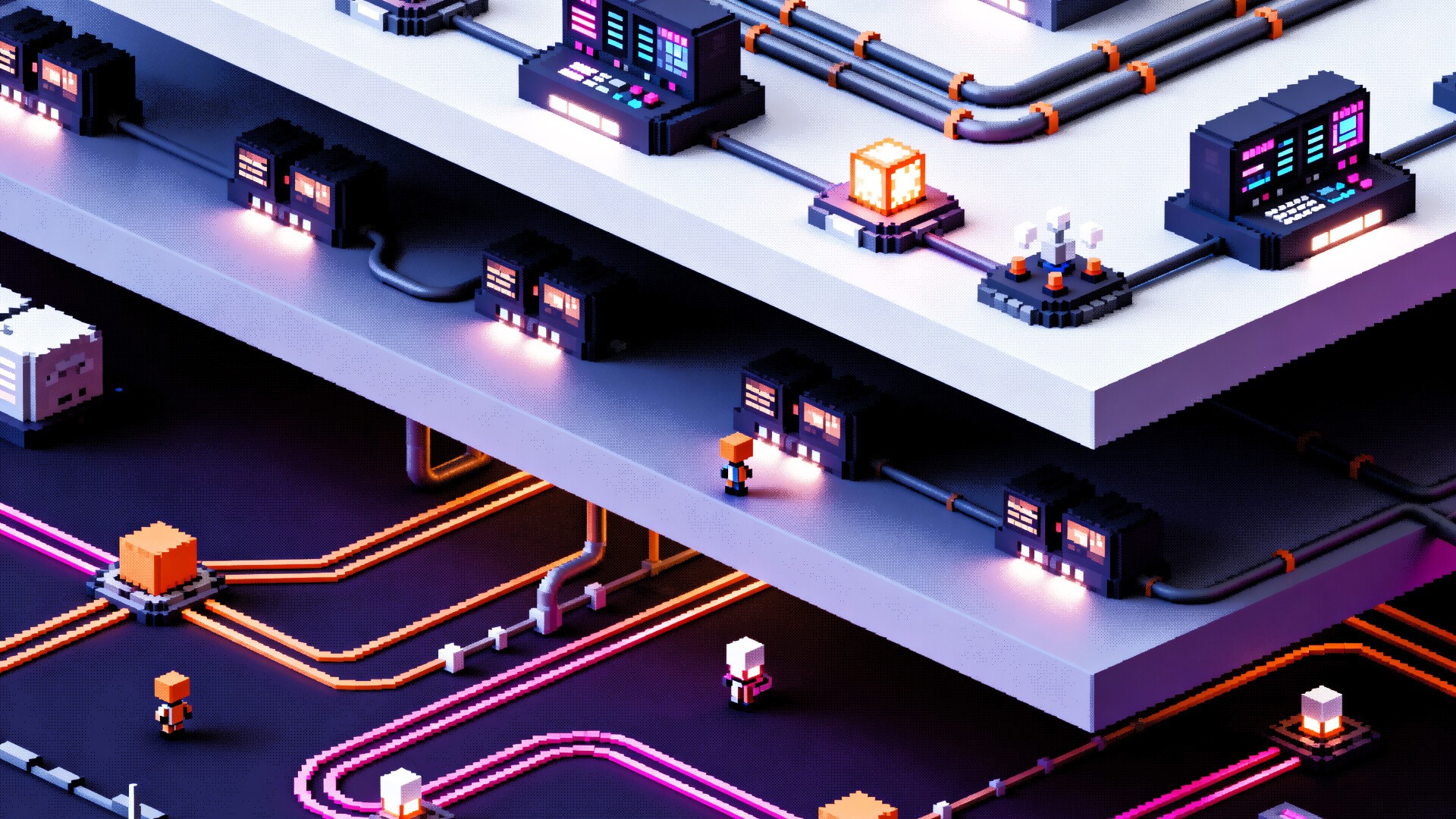 Pixel-art illustration of layered AI infrastructure showing agents operating across controlled execution layers with orchestration, state, and supervision in a production environment.