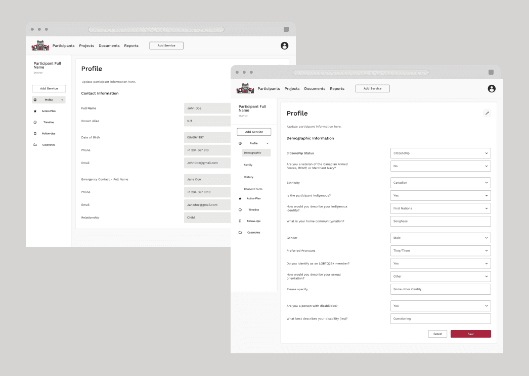 High-fidelity wireframes of user profiles, featuring a profile picture, user details, and interactive elements such as edit buttons and activity tabs.