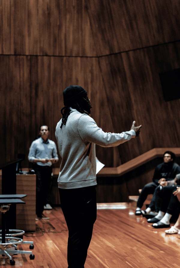 Man talking to crowd