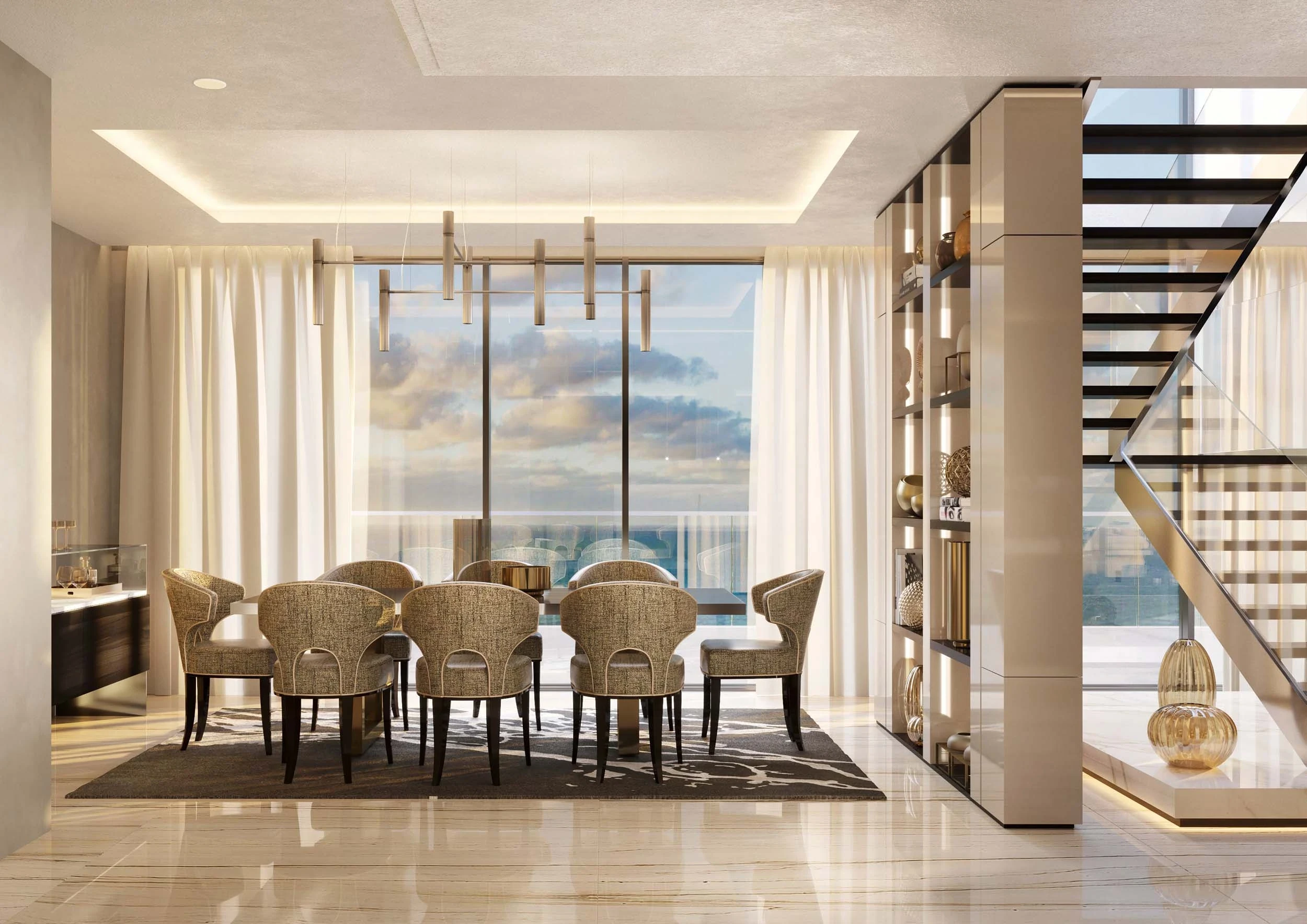  A modern dining room with a large window showcasing a scenic city and sky view. The room features a wooden dining table with eight cushioned chairs, a contemporary chandelier, sheer curtains, and a stylish staircase leading to the upper floor.