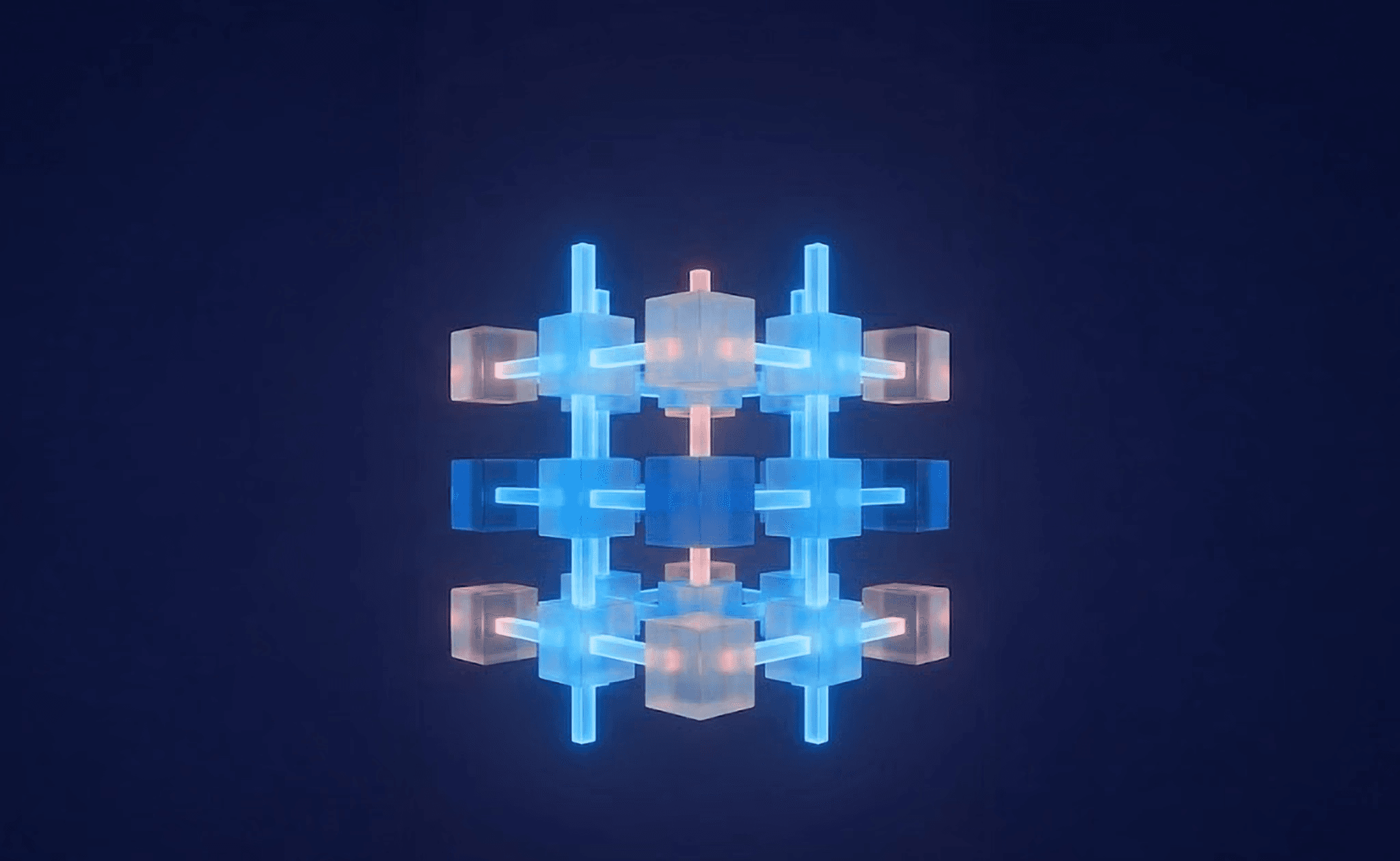 Organized 3D grid with glowing cyan lines structuring geometric shapes, symbolizing the transformation of raw data into a clear, intuitive SaaS product architecture and user-centered design